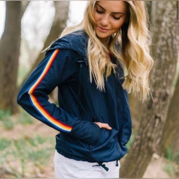 Zyia Active Navy With Rainbow Stripes Windbreaker Size Medium - Picture 10 of 12
